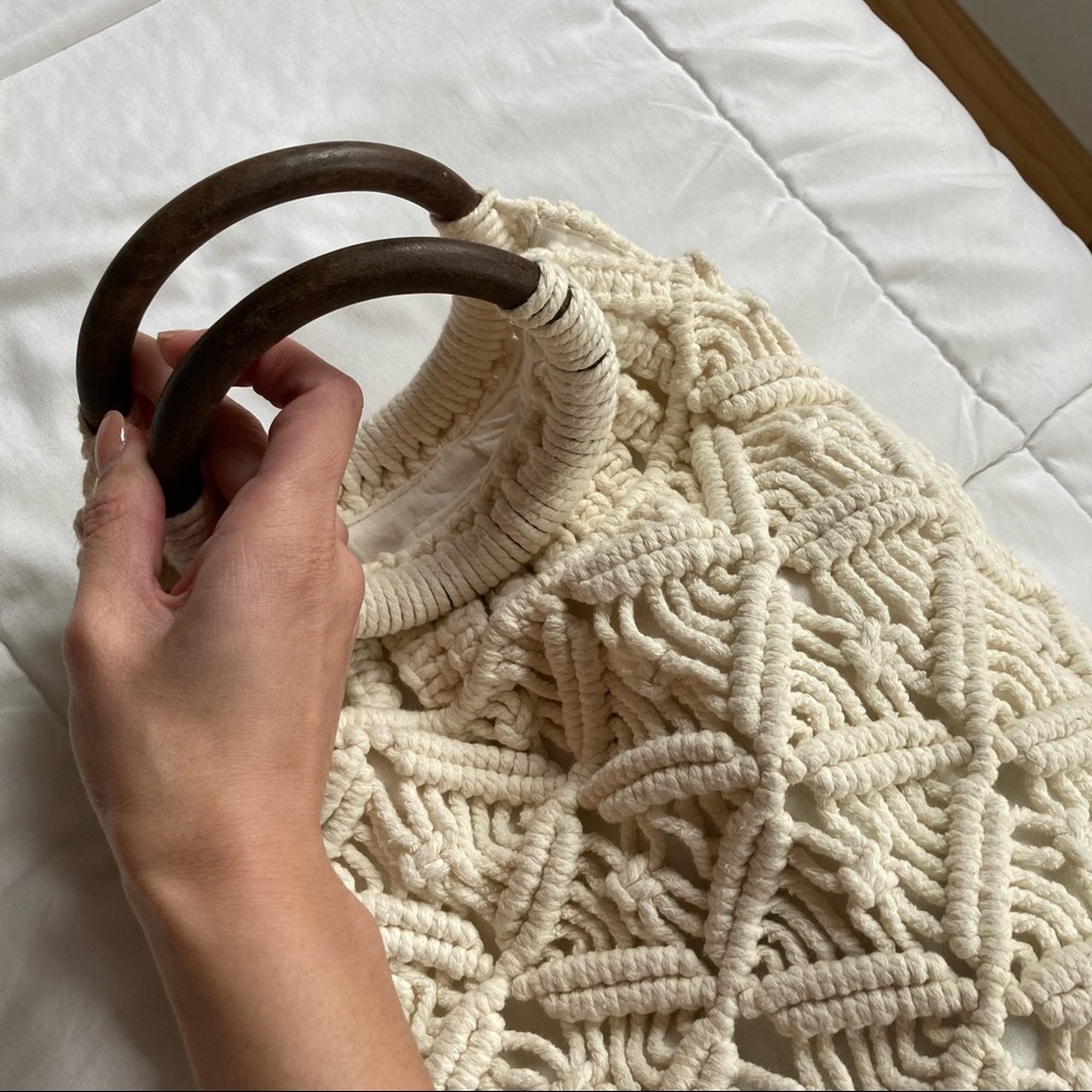 Handmade Vintage Bohemian Wooden Handle Crochet and Canvas Handbag - Picture 3 of 5
